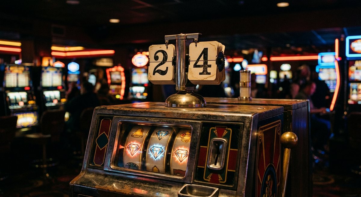 Dinding kalender retro bergaya kabinet slot dengan gulungan angka tanggal dan simbol berlian menyala