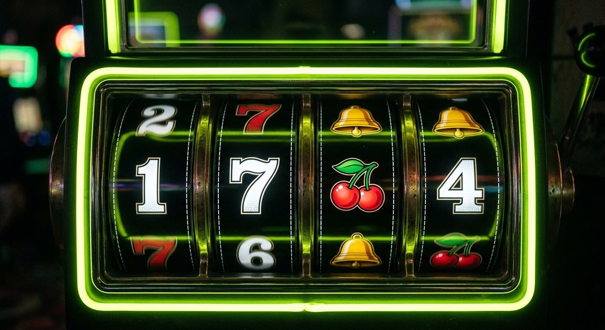 Gulungan mesin slot menampilkan angka tanggal dengan simbol ceri dan bel di sebelahnya, neon kasino