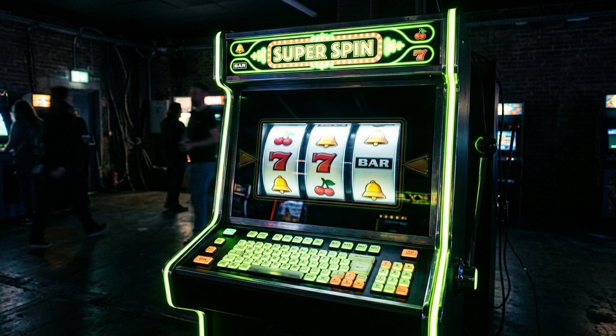 Kabinet mesin slot dengan lampu neon hijau lime dan gulungan simbol ceri tujuh bel di ruangan gelap