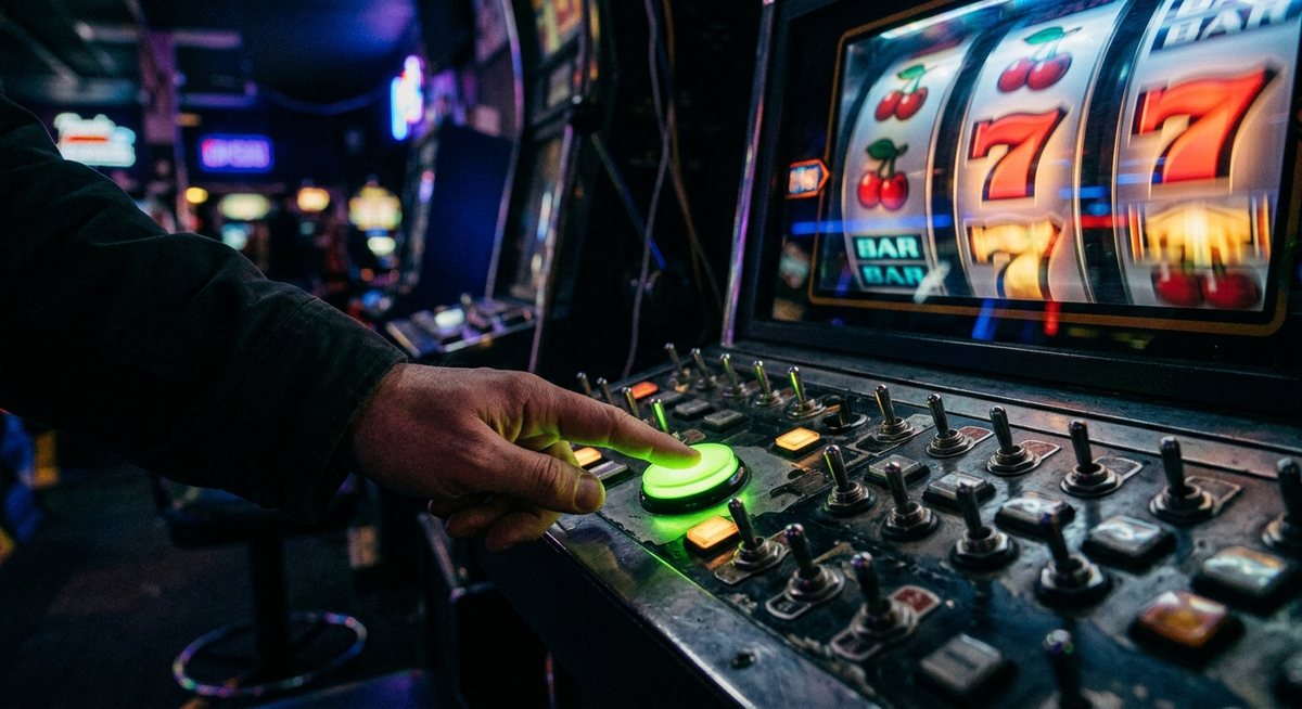 Tangan memilih tombol pilihan bahasa pada panel mesin slot dengan gulungan menyala neon