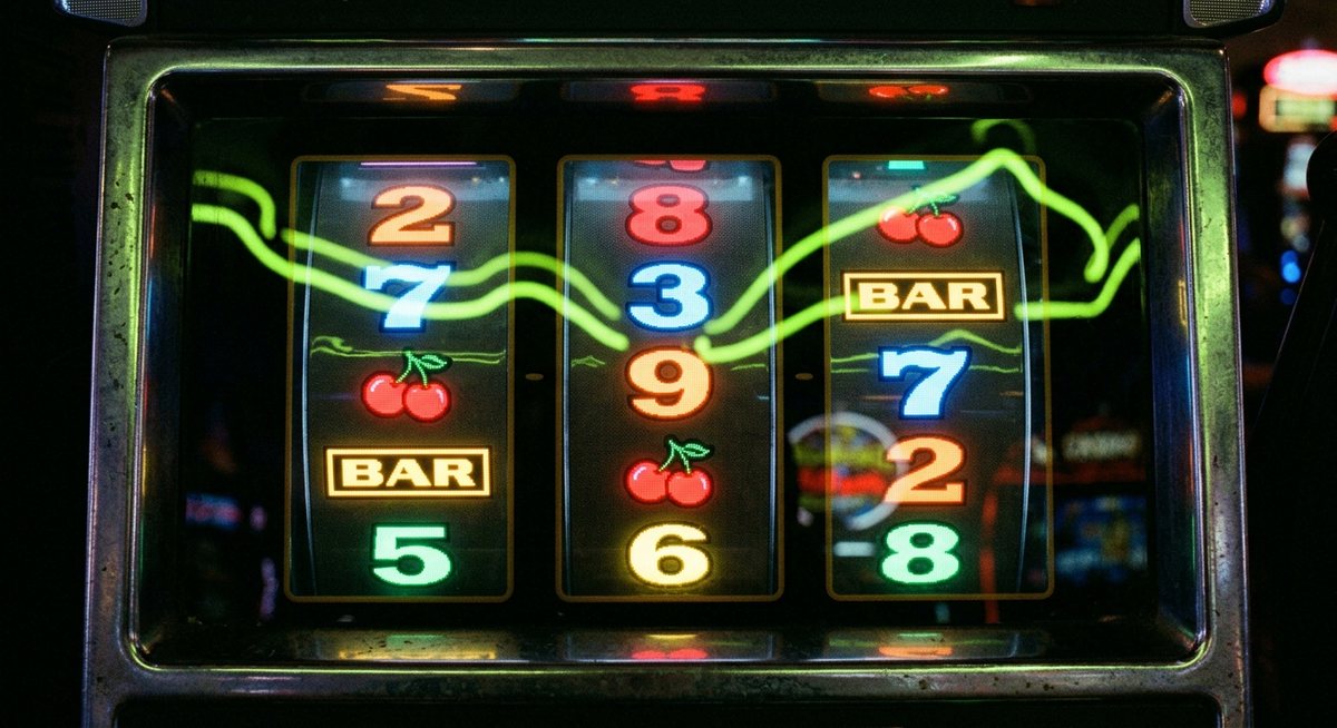 Layar mesin slot menampilkan angka rupiah dengan gulungan simbol ceri dan bar menyala hijau neon