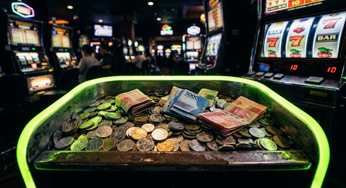 Nampan koin mesin slot berisi koin dan lembaran uang bergaya rupiah dengan cahaya neon kasino