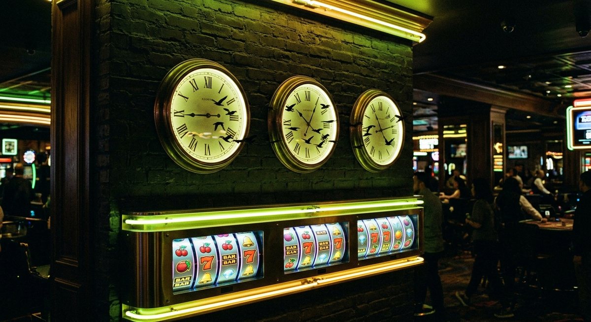 Deretan jam dinding di atas pita gulungan mesin slot dengan cahaya neon hijau