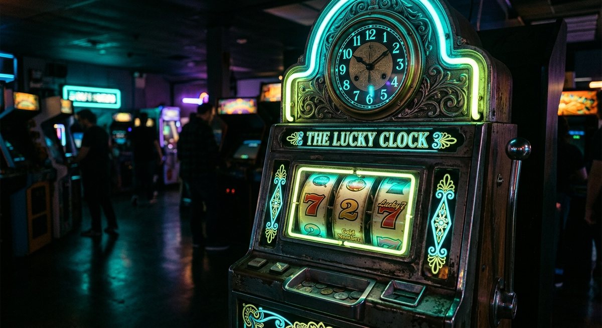 Mesin slot dengan gulungan angka jam dan simbol tujuh menyala di bawah lampu neon kasino